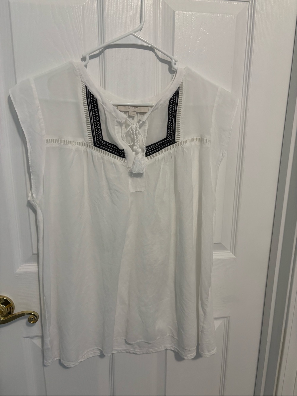 LOFT White Split-Neck Cap Sleeve Top with Black Embroidery